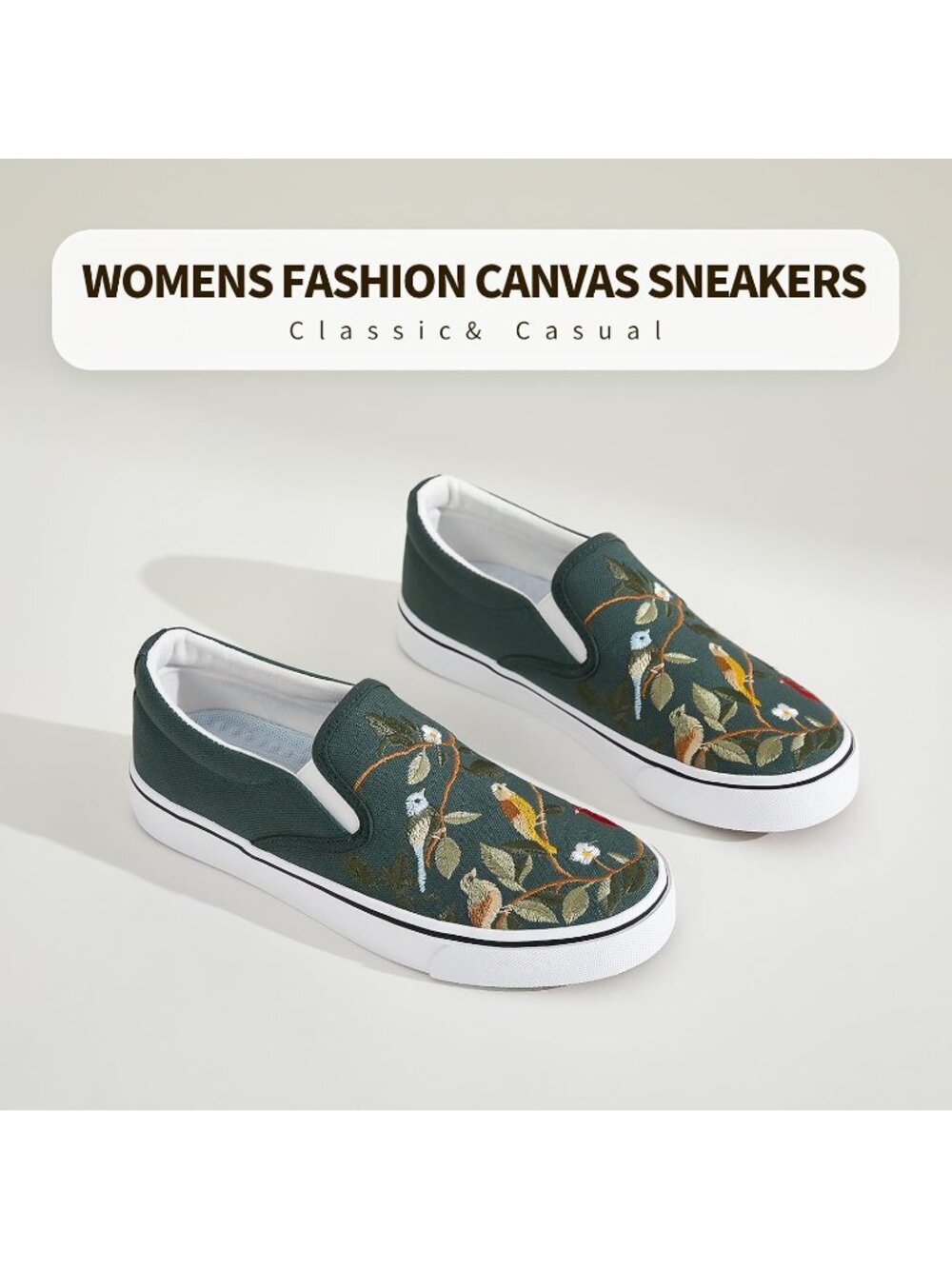 Women's Dark Green Embroidery Comfortable Low Top Slip on Loafer Sneaker Shoes - Picture 6 of 6